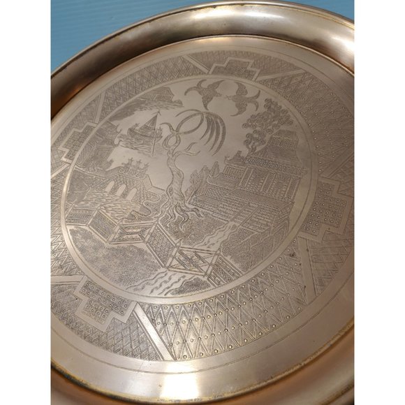 Vintage asian copper Tray | Heavy | Etched Floral Pattern | Birds | Geis… - Picture 4 of 10